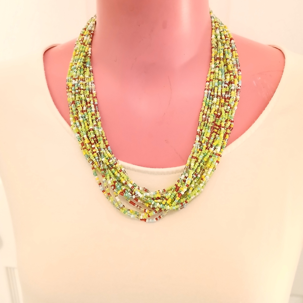 Green and Red Multi-Strand Beaded Necklace